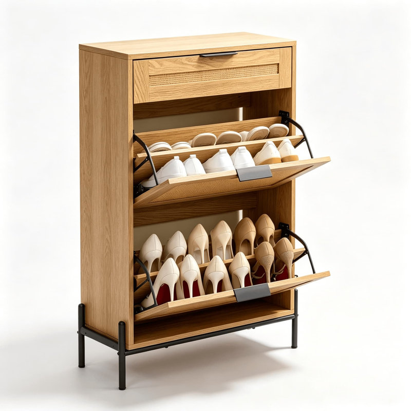 Freestanding Shoe Rack Cabinet With Flip Doors & Drawers, Oak, 2