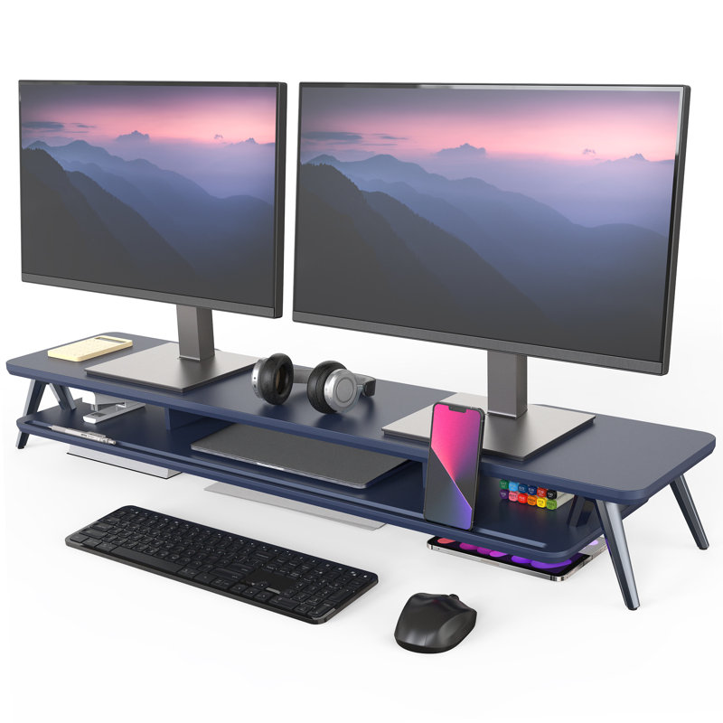 Support double pour écran, support pour écran pour 2 écrans, tablette de bureau en bois de 42,5 pouces, Bleu