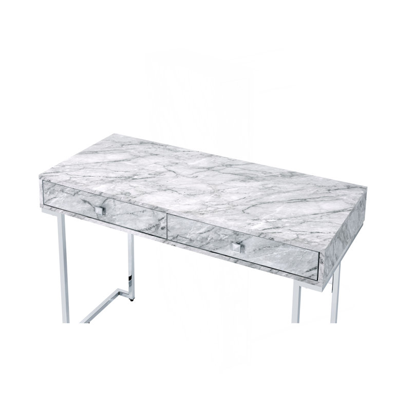 Bureau d'écriture sophistiqué au fini chromé avec plateau en faux marbre et rangement spacieux