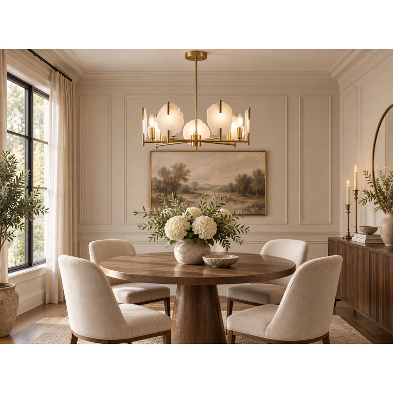 Lustre transitionnel en laiton 7 lumières avec accents d'albâtre naturel