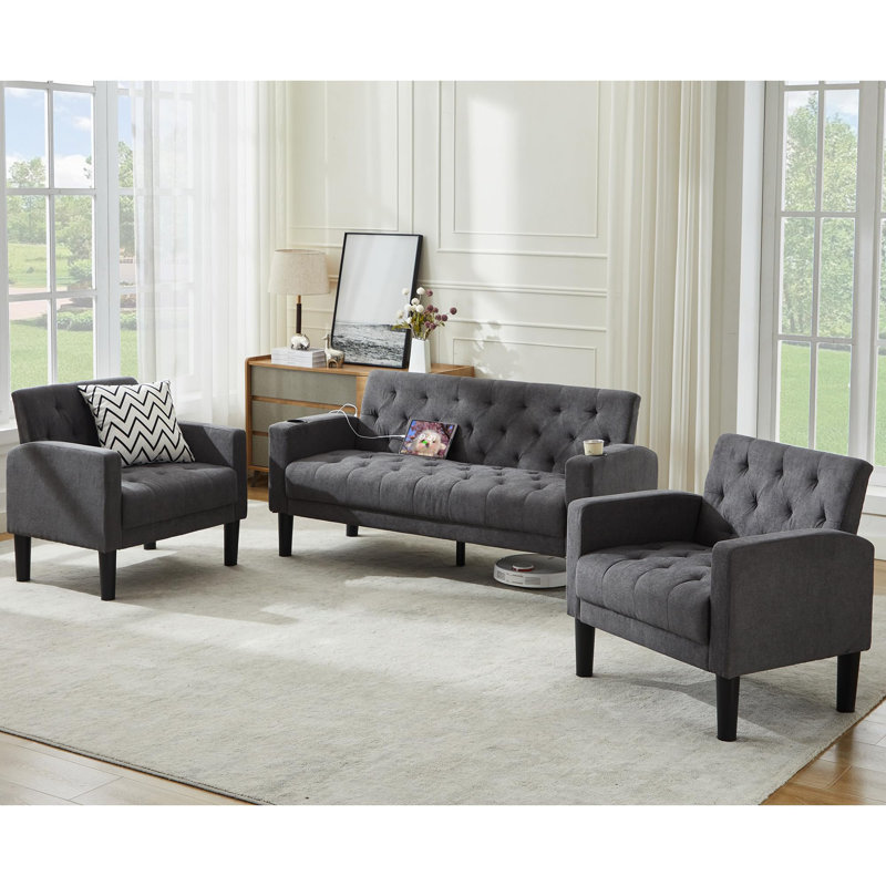 Sofa Seats Modern Style Comfy Small Sofa with Pocket Storage 2 USB 2 Cup Holders Upholstered Couch for Living Room Bedroom Office