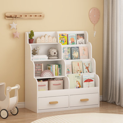 Bookshelf with 2 Storage Drawers, Front-Facing Bookcase and Toy Organizer