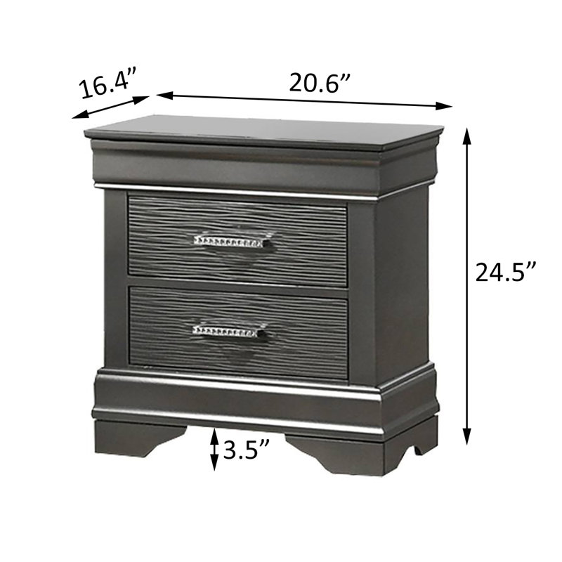 Jean Nightstand, 2 Drawers, Curved Frame, 24 Inch Dark Grey Solid Wood