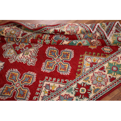 Tapis rouge Kazak à motif géométrique rouge 5 x 7