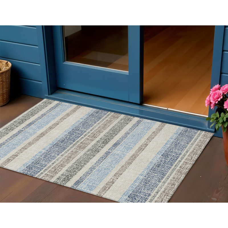 3' X 5' Navy Blue And Beige Striped Washable Indoor Outdoor Area Rug