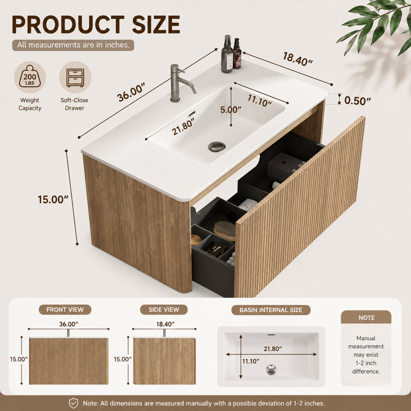 Meuble-lavabo suspendu Etna 36 po, armoire en noyer rayé avec lavabo intégré en surface solide blanche, préassemblé pour salles de bains modernes