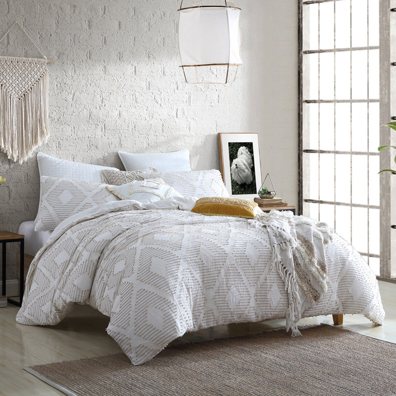Ensemble d'édredon en jacquard à pinces et losanges 100% coton PUuma, Édredon double / grand, 2 taies décoratives et 2