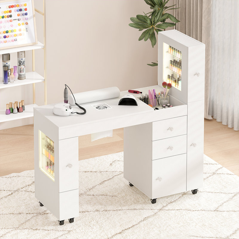 Professional Manicure Table Nail Desk with Dual Display Shelves, Locking Wheels, Wrist Cushion, and Built-in Dust Collector