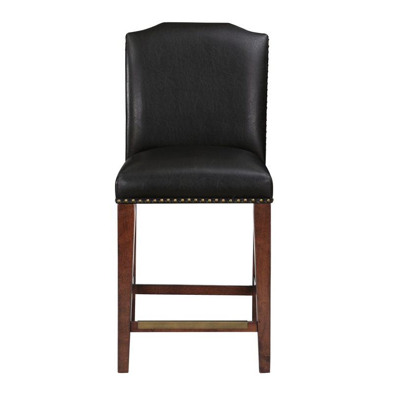 Tabouret de comptoir en similicuir avec garniture cloutée, support à ressort sinueux et durabilité, Marron foncé