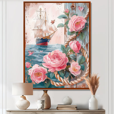 Pink Green Pirate Anchor With Pink Roses I - Coastal Wall Art