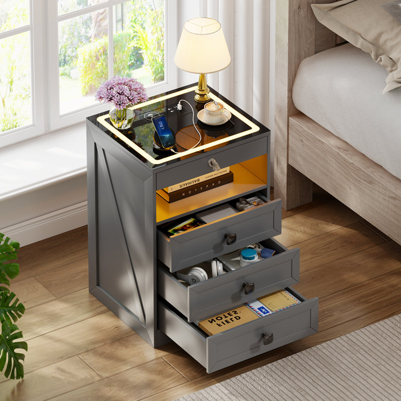 Smart Nightstand With Motion Sensor Light, Hidden Gun Drawer, Wireless Charging, Usb & Type-c Ports, And 3 Storage Drawers