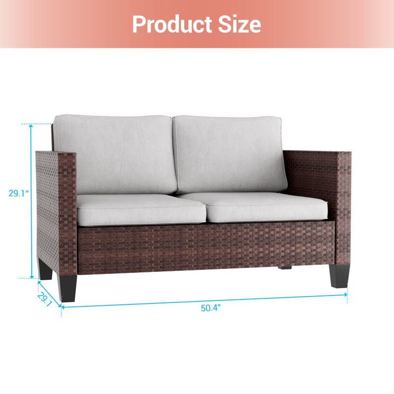 Patio Loveseat Sofa PE  Rattan Set With Thick Cushions and Sturdy Frame, Brown, Linen Gray