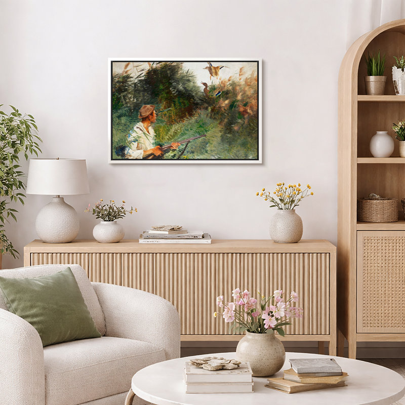 «Duck Hunting in Reeds», reproduction d'art sur toile encadrée, H 24 po x l 36 po, Cadre flottant blanc