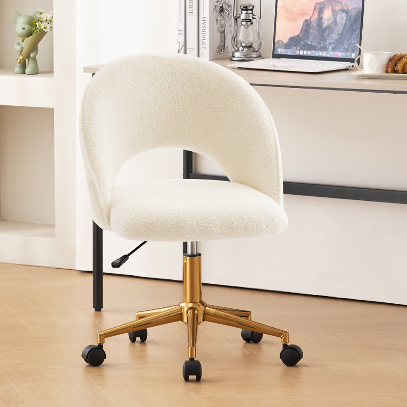 Armless Adjustable Height Swivel Upholstered Task Chair with Casters, White Terry Cloth