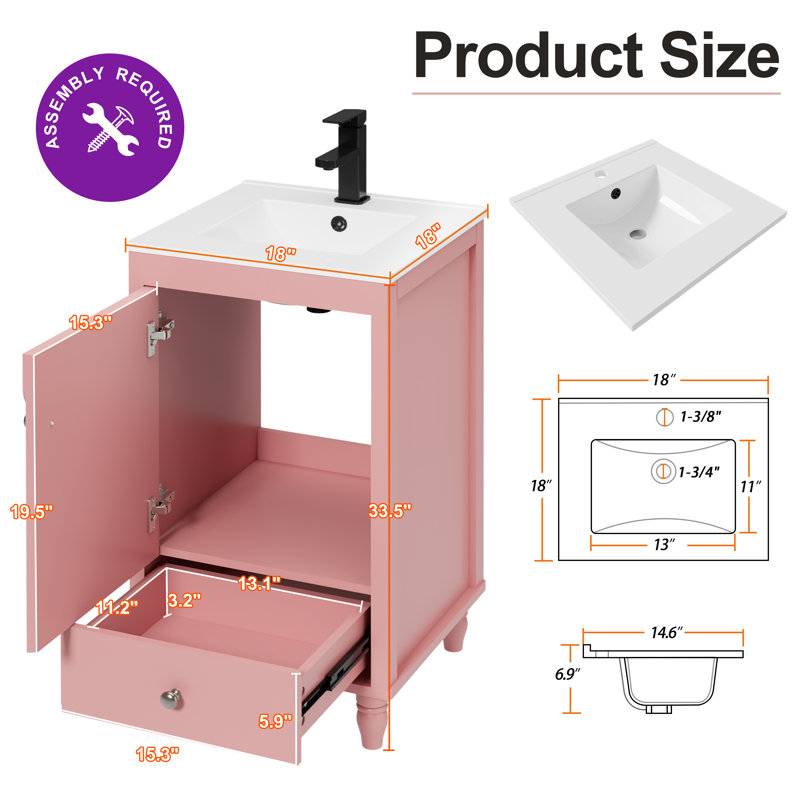 Petit meuble-lavabo simple 18 po avec comptoir en céramique Gamlet, robinet et rebord ondulé Gamlet, Rose