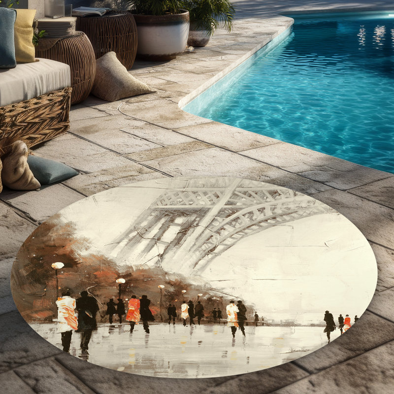 Beige Building Round Outdoor Area Rug | Eiffel Tower Decor