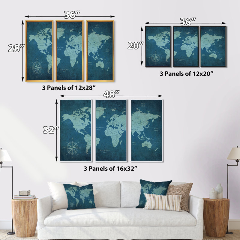 «Slate World Map II», reproduction de photo sur toile 3 pièces, Noir, noir, noir, noir, H 28 po x l 36 po