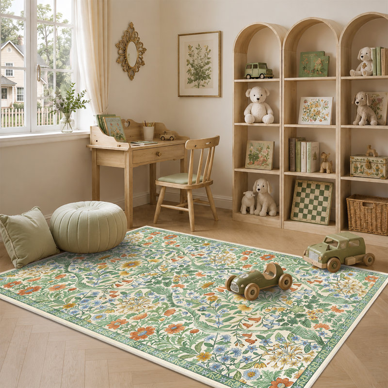 Washable Area Rug - Vintage Boho Botanical Low-Pile Rug, Rectangle 3' x 5', Grass Green