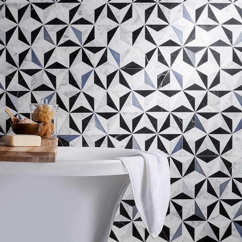 Phantasm 14x18 Triangles Polished Mixed Marble Mosaic Tile, Winter Sky Blue/White
