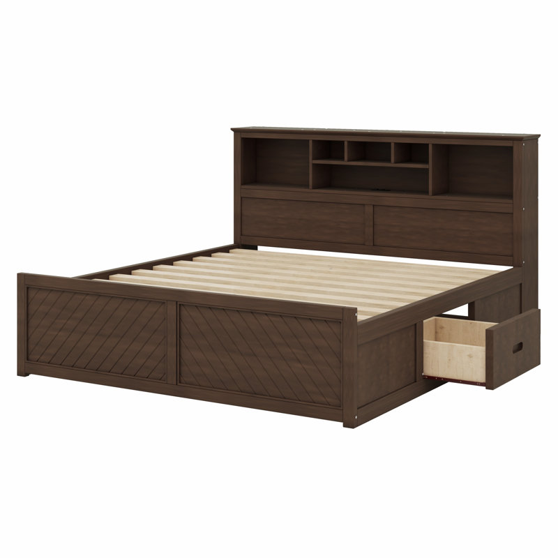 Lit plateforme en bois avec tête de lit multi-rangement, USB et tiroirs, Bois antique