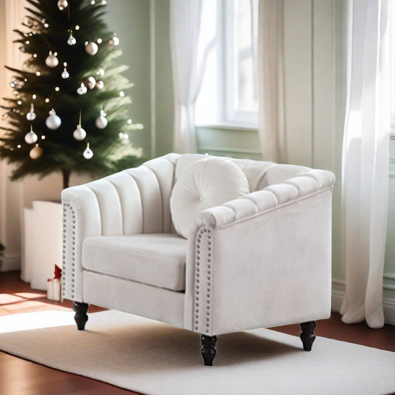 Mikole Velvet Chesterfield Chair, Beige Velvet