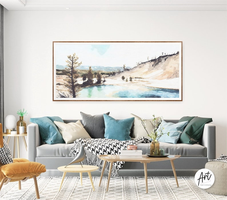 «Yellowstone National Park», art mural aquarelle surdimensionné à l'aquarelle, H 16 po x l 32 po