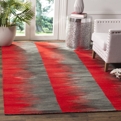 Tapis rouge / gris anthracite en laine tissé à plat à la main Maomina