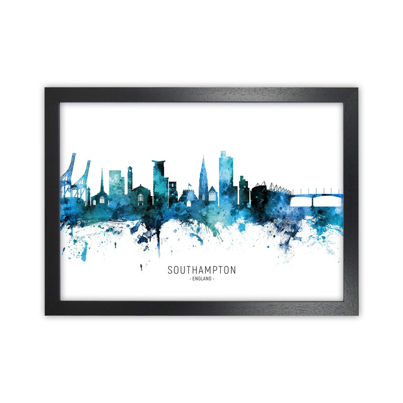 Southampton England Skyline Blue City Name by Michael Tompsett - Print, 25cm H x 34cm W x 3cm D, Black Framed