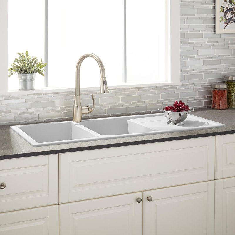 Tansi 46" L Double Basin Drop-In Kitchen Sink, Cloud White