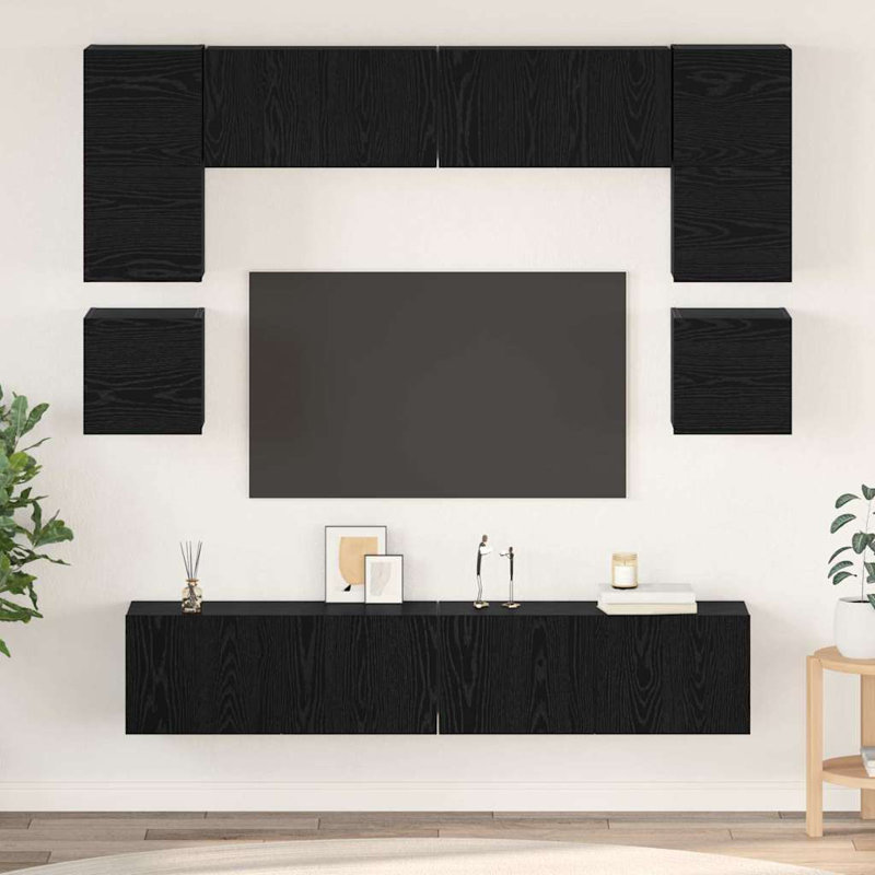 TV Cabinet Set 8 Pcs Engineered Wood, Black Oak, 30cm H x 80cm W x 30cm D