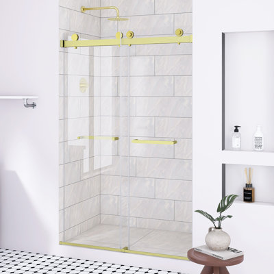 44-48 "W X 74" H Frameless Double Sliding Shower Door In Brushed Gold ｜ 5/16 "(8Mm) Tempered Glass｜ Waterproof｜Explosion Proof Film｜ Stainless Steel Handle｜Square Tube Track