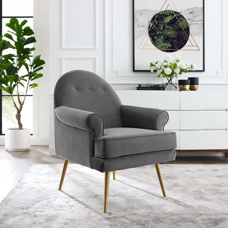 Gray Velvet Tufted Button Accent Armchair with Gold Legs