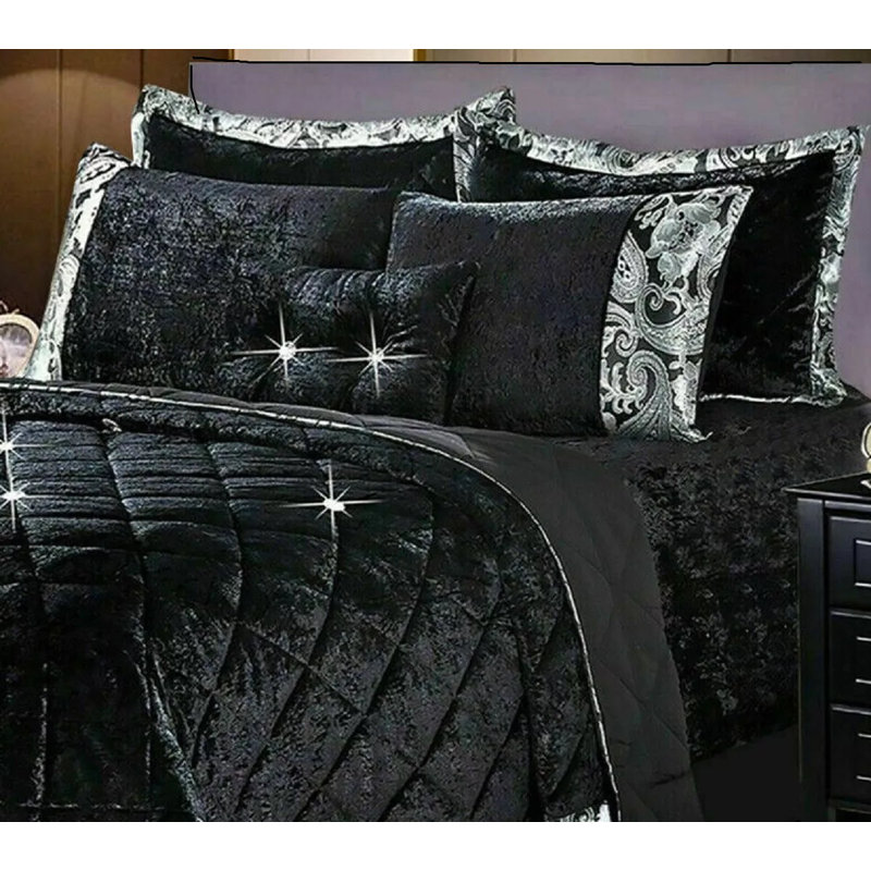 Velvet Bedspread with Pillow Shams, Super King Bedspread+ 2 Standard Shams, Black