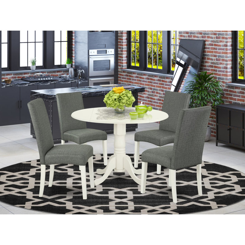 5 Piece Modern Dining Table Set Includes a Round Wooden Table with Dropleaf and 4 Gray Linen Fabric Parsons Dining Chairs, Linen White