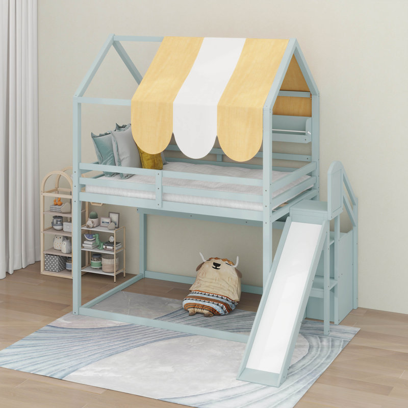 Full Size House Bed With Canopy, Slide & Built-In Bookshelves, Light Green