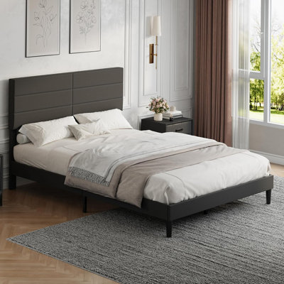 Queen Size Bed Frame with Adjustable Headboard,Modern Upholstered Platform Bed Frame,Bedroom Furniture,Strong Wood Slats Support,Noise-Free,Linen Fabric,No Box Spring Needed,Dark Grey