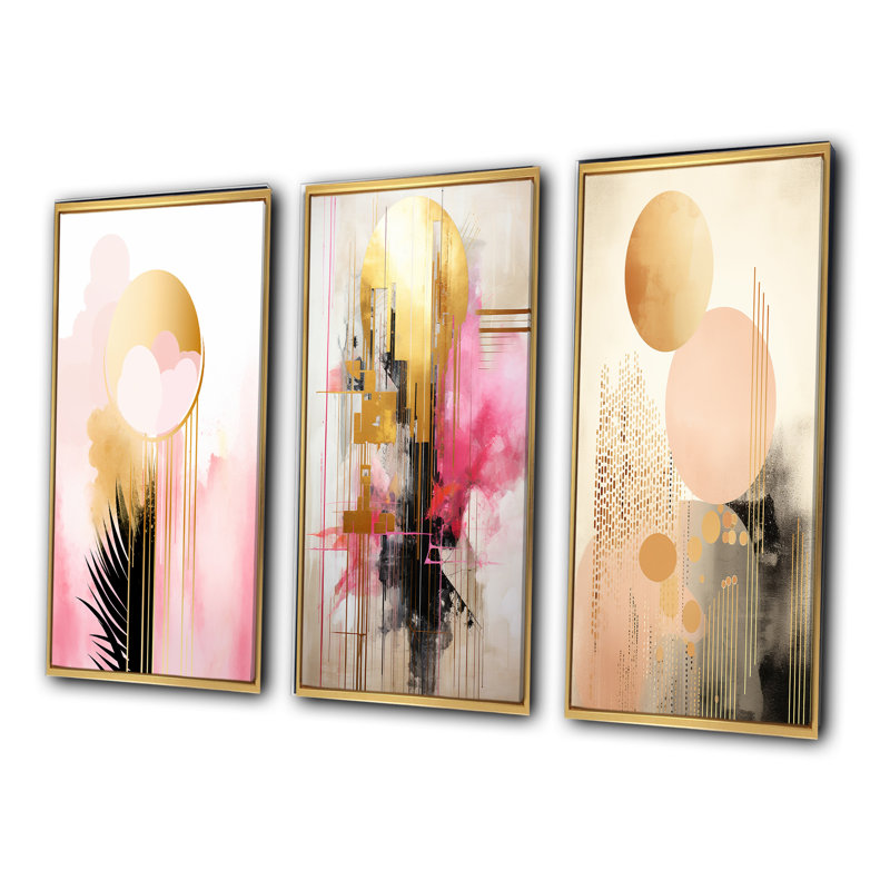 «Golden Touch Of The Orient Retro Glam Watercolor», 3 pièces sur toile, Cadre flottant doré, H 20 po x l 36 po