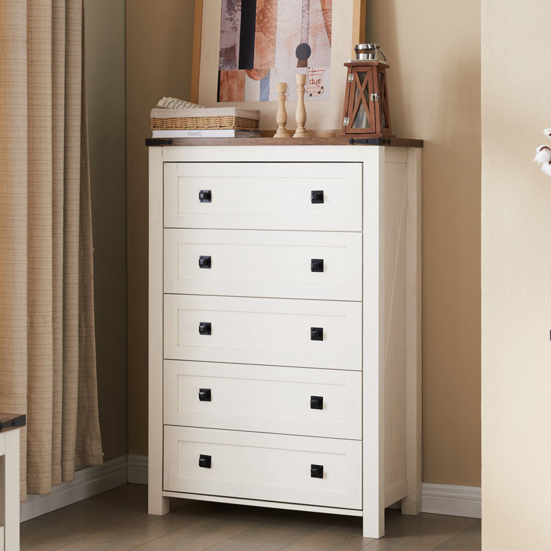 Grantville Farmhouse 5 - Drawers Dresser Organizer, Rustic Tall Chest of Drawers for Bedroom, Antique White
