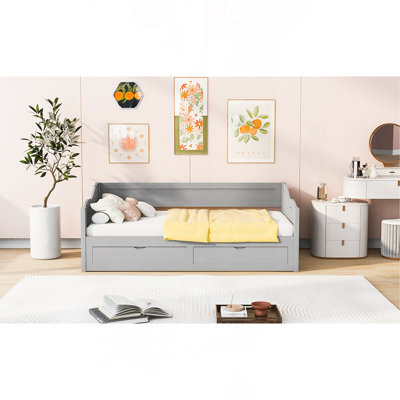 Wooden Daybed With Trundle Bed And Two Storage Drawers , Extendable Bed Daybed,Sofa Bed With Two Drawers, Gray