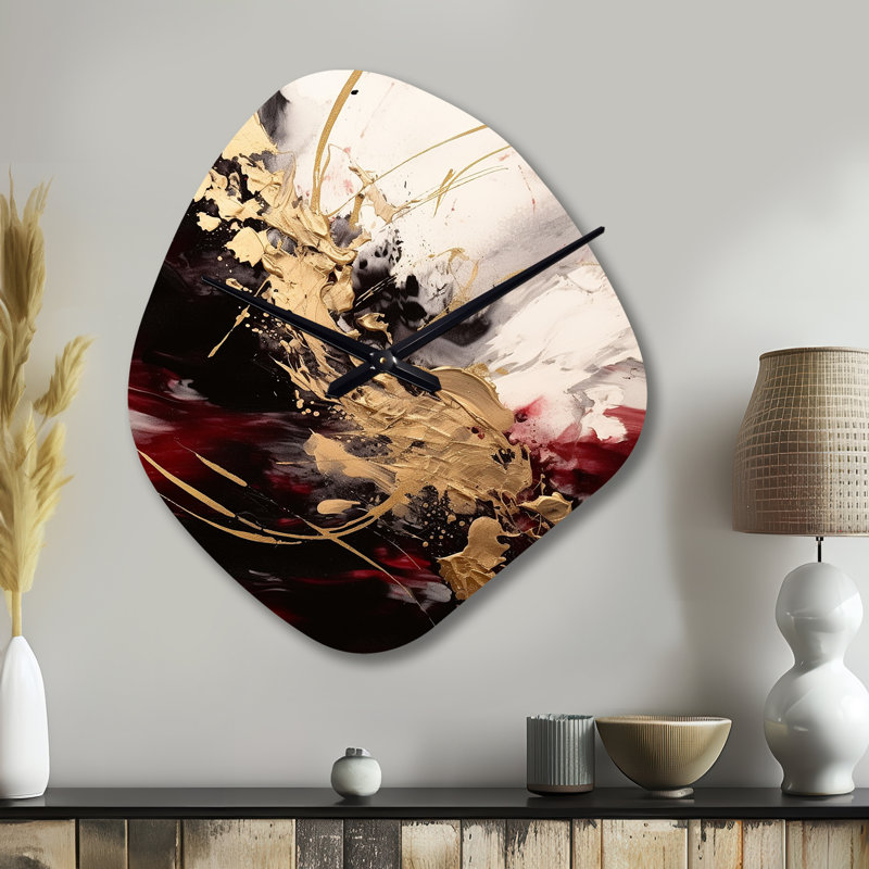 Or et rouge Flusion Fusion I - horloge asymétrique abstraite en métal, horloge murale moderne de forme irrégulière, Grand
