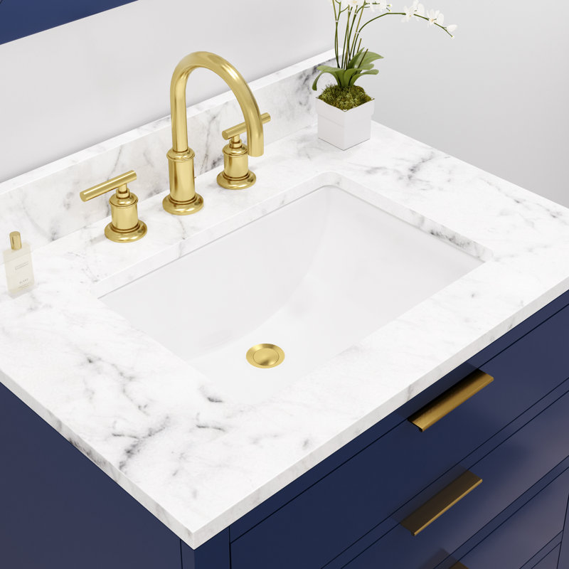 Bristol 30 In. Single Sink Carrara White Marble Countertop Bath Vanity In Pure White With Satin Gold Gooseneck Faucet