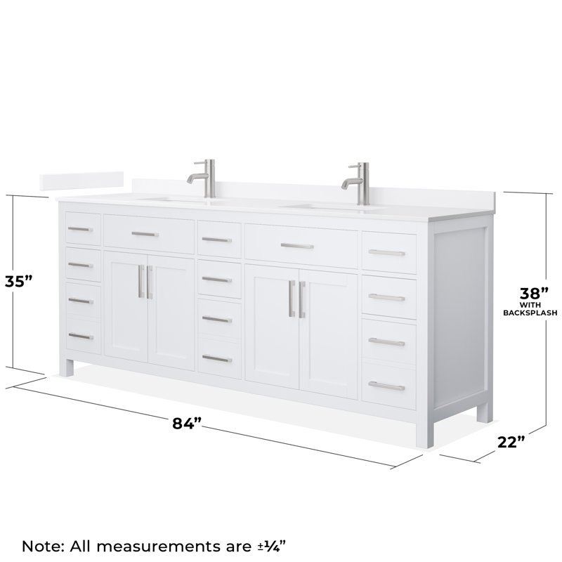 Beckett 84" Freestanding Double Bathroom Vanity with Quartz Top, White, Brushed Nickel, White Quartz