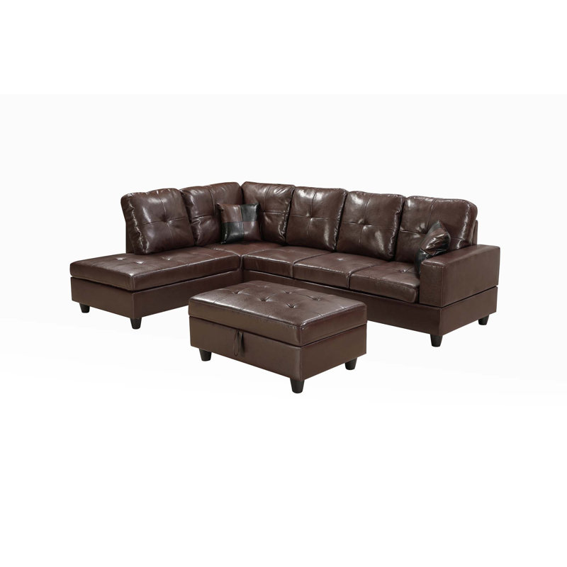 Sectional Sofa Set, Faux Leather Sofa with Free Storage Ottoman, Brown Faux Leather, Right Hand Facing