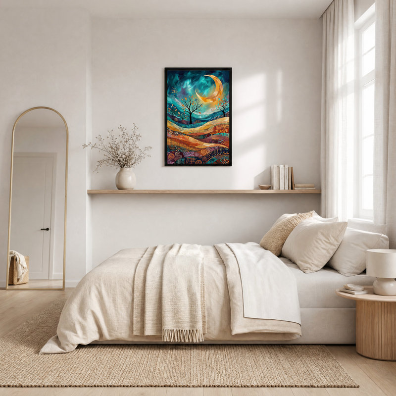 «Teal and Orange Crescent Moon», art mural sur toile, H 36 po x l 24 po
