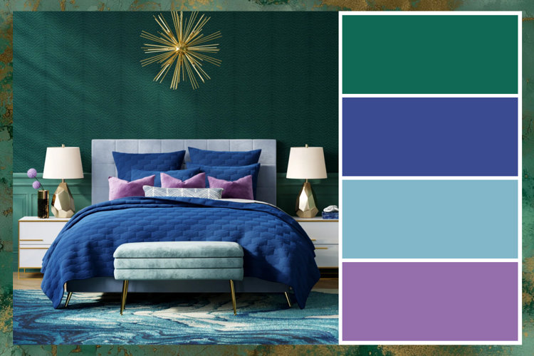 glam bedroom with a jewel tone color palette of emerald green and sapphire blue