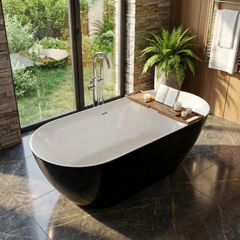 Modern 59-Inch Freestanding Acrylic Soaking Tub – Deep Ergonomic Bathtub for Small or Large Bathrooms with Heat-Retaining Fiberglass