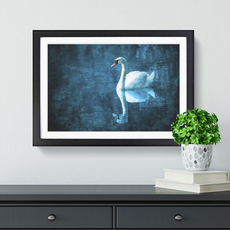 White Swan On A Blue Lake - Picture Frame Painting Print, Black, 45cm H x 63cm W x 2cm D