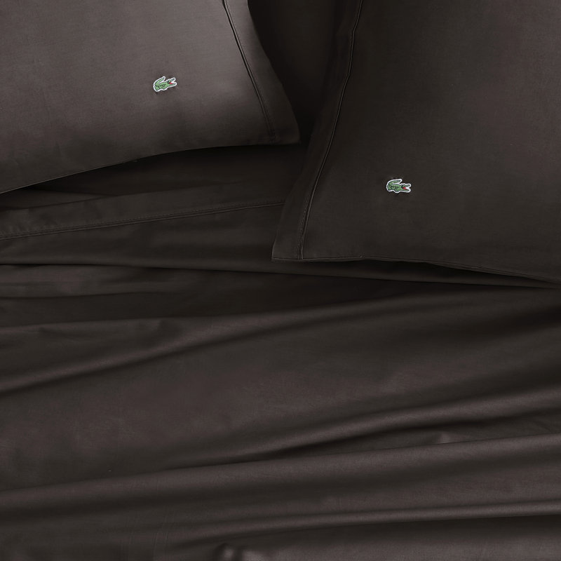 Lacoste Cotton Percale Sheet Set, Cooling & Breathable Bedding, Deep Pocket Fitted Sheet, Dark Grey, Twin XL, Dark Gray