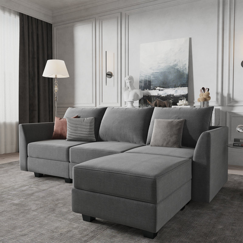 Canapé modulaire en L avec rangement Manusite, 100% polyester gris