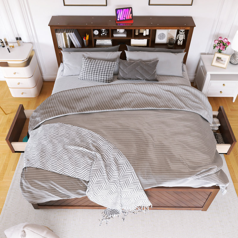 Lit plateforme très grand à structure en bois avec tête de lit multi-rangement, USB et tiroirs, Bois